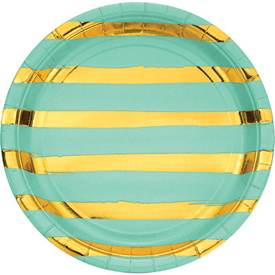 Mint Green and Gold Foil Striped Luncheon Plates/8 Count/9"