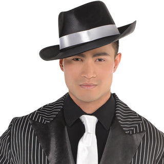 Black Gangster Fedora with White Satin Stripe