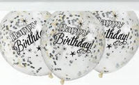 Confetti Balloons - Happy Birthday , Black, Silver and Gold. 6-Count